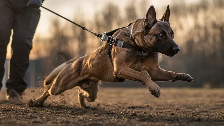Belgian Malinois at full extension on a long line during a working-dog training session at our Upland facility
