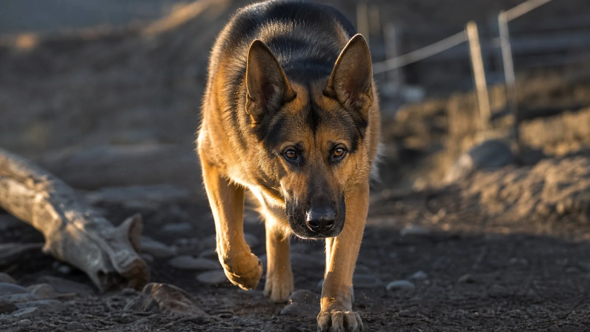 German Shepherd locked on with focused, working-dog seriousness during obedience training at our Upland facility