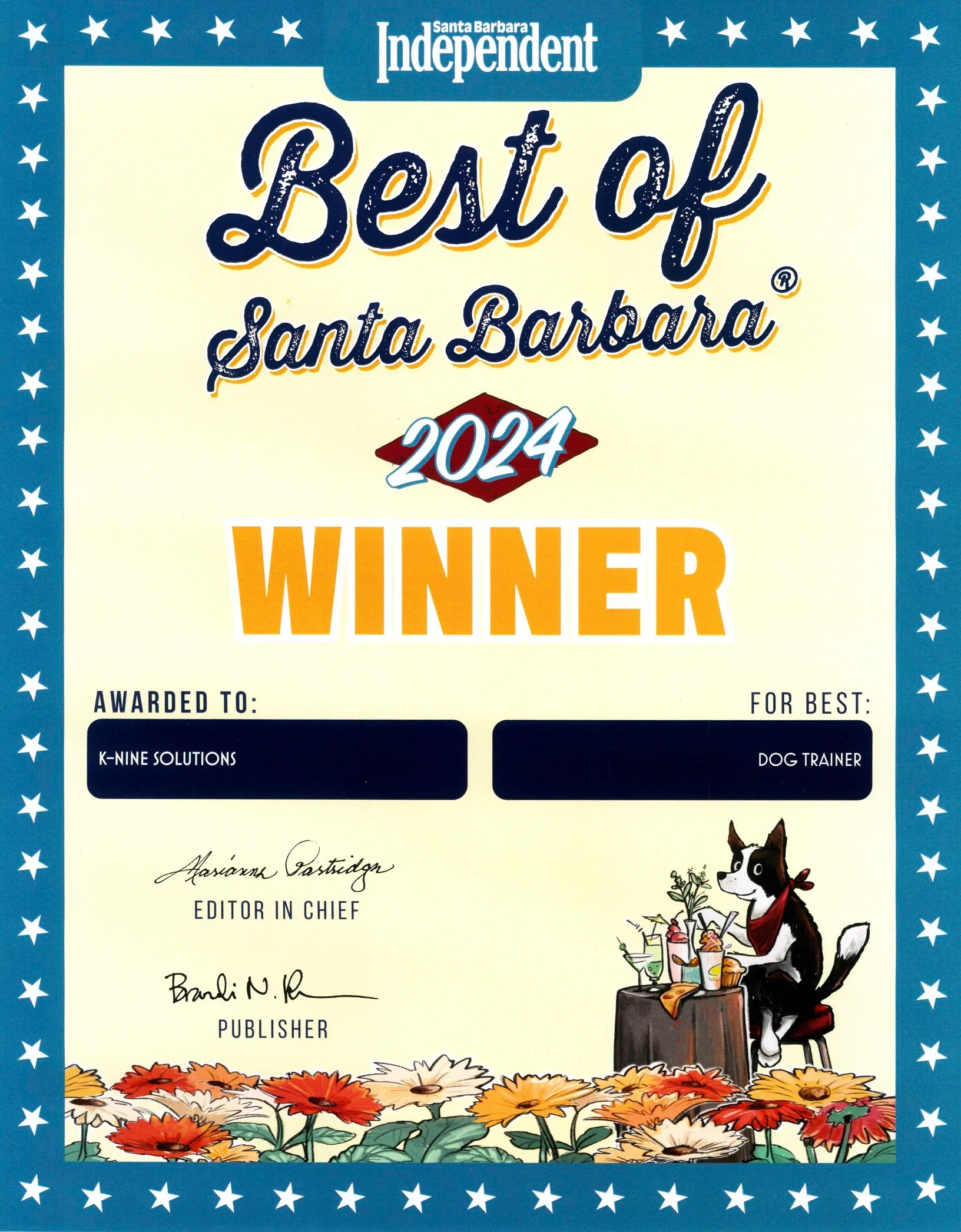 Book a Free ConsultationVoted Best Dog Trainer inSanta BarbaraAt K-Nine Solutions, we’re dedicated to helping you strengthen your bond with your dog.Welcome to K-Nine!ABOUT USCalm Dogs and Confident Owners. Real Training for Real Life.OUR MISSIONWe're a group of dedicated and experienced trainers who believe in continuous growth as a team and as individuals. We strive to empower you with personalized, balanced, and humane training to create a harmonious relationship that lasts a lifetime.Learn MoreOUR VISIONAt K9 Nine Solutions, we train you as much as we train your dog — using our proven Train As You Live approach that builds control and confidence where it actually matters in real-world situations.OUR COMMUNITYVoted Best Dog Trainer in Santa Barbara 9 Years in a RowOUR SERVICESAny dog, any age, any problemPuppiesWe provide the best care and education during your puppy's most formative period.Learn MoreAdult DogsThrough consistent and clear communication, we can create the life we want with our dog.Learn MorePack WalksOur weekly pack walks are a great way to hone your training skills and develop your dog's social awareness.Learn MoreK-Nine Solutions has transformed our 4 year old pup into a confident and well-behaved dog.Lindsey & FrenchieK-Nine CustomersK-Nine Solutions took time to understand both Kaali and I and then specially catered the training program to fit our goals. Thank you!Krista & KaaliK-Nine CustomersThe Knine team is skilled, professional, and warm. I now have a trusted resource for training, boarding, and beyond!Nancy & Louisa VuittonK-Nine CustomersK-Nine Solutions has transformed our 4 year old pup into a confident and well-behaved dog.Lindsey & FrenchieK-Nine CustomersK-Nine Solutions took time to understand both Kaali and I and then specially catered the training program to fit our goals. Thank you!Krista & KaaliK-Nine CustomersThe Knine team is skilled, professional, and warm. I now have a trusted resource for training, boarding, and beyond!Nancy & Louisa VuittonK-Nine CustomersK-Nine Solutions has transformed our 4 year old pup into a confident and well-behaved dog.Lindsey & FrenchieK-Nine CustomersK-Nine Solutions took time to understand both Kaali and I and then specially catered the training program to fit our goals. Thank you!Krista & KaaliK-Nine CustomersThe Knine team is skilled, professional, and warm. I now have a trusted resource for training, boarding, and beyond!Nancy & Louisa VuittonK-Nine CustomersK-Nine Solutions has transformed our 4 year old pup into a confident and well-behaved dog.Lindsey & FrenchieK-Nine CustomersK-Nine Solutions took time to understand both Kaali and I and then specially catered the training program to fit our goals. Thank you!Krista & KaaliK-Nine CustomersThe Knine team is skilled, professional, and warm. I now have a trusted resource for training, boarding, and beyond!Nancy & Louisa VuittonK-Nine CustomersHEALTH & SAFETYYou and your dog’s safety is our priority.Vaccination RequirementsEnsuring that all dogs meet vaccination standards is crucial for protecting their health and others in the training environment.Kennel CoughOur trainers monitor potential kennel cough symptoms closely to prevent any possible spread of illness.Other StepsMaintaining cleanliness helps prevent the spread of illnesses and ensures a healthy space for dogs to learn & interact.Join hundreds of other dog ownersCall us today!DISCOVER MOREAbout UsLearn MoreServicesLearn MoreBookingLearn MoreProudly voted the best dog trainer in Santa Barbara 9 years in a row!Website by © K-Nine Solutions 2026, All Rights ReservedPrivacy PolicyTerms of UseCall Us To BookVisit UsSite MapHome AboutServicesHealth & SafetyBooking
