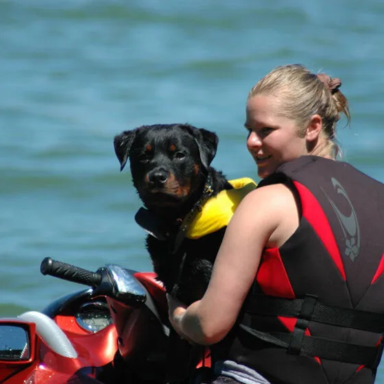 Rottweiler and owner on Jetski