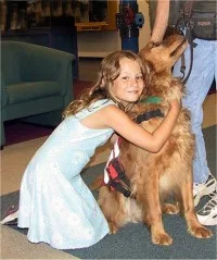 Therapy Dog Class
                        
                        This works on passing the Canine Good
                        Citizen test and also adds working around
                        distractions as you would find visiting
                        rest homes, schools and hospitals. Hemet
                        has a great need for Therapy Dogs and
                        Wendy volunteers her time for testing
                        those who are working to be certified
                        with Love on a Leash.
                        
                        Photo, on right,
                        shows Buddy, a Therapy Dog, receiving a
                        surprise bear hug and he looks to his
                        handler for instructions. These dogs must
                        be "bombproof" so they can be
                        reliable in any situation.
