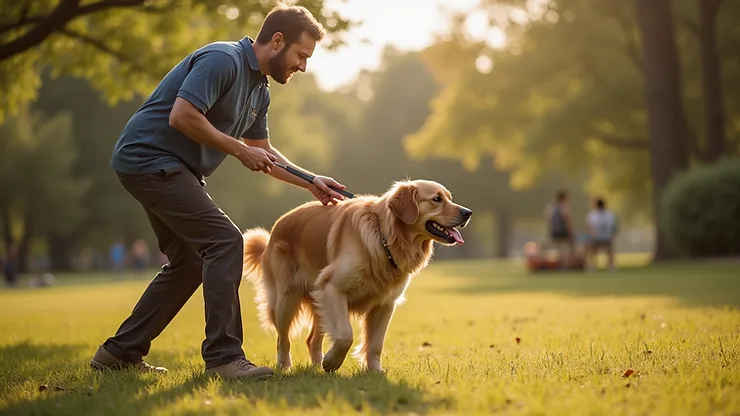 Eye-level view of a dog trainer working with a golden retriever in a sunny outdoor training area