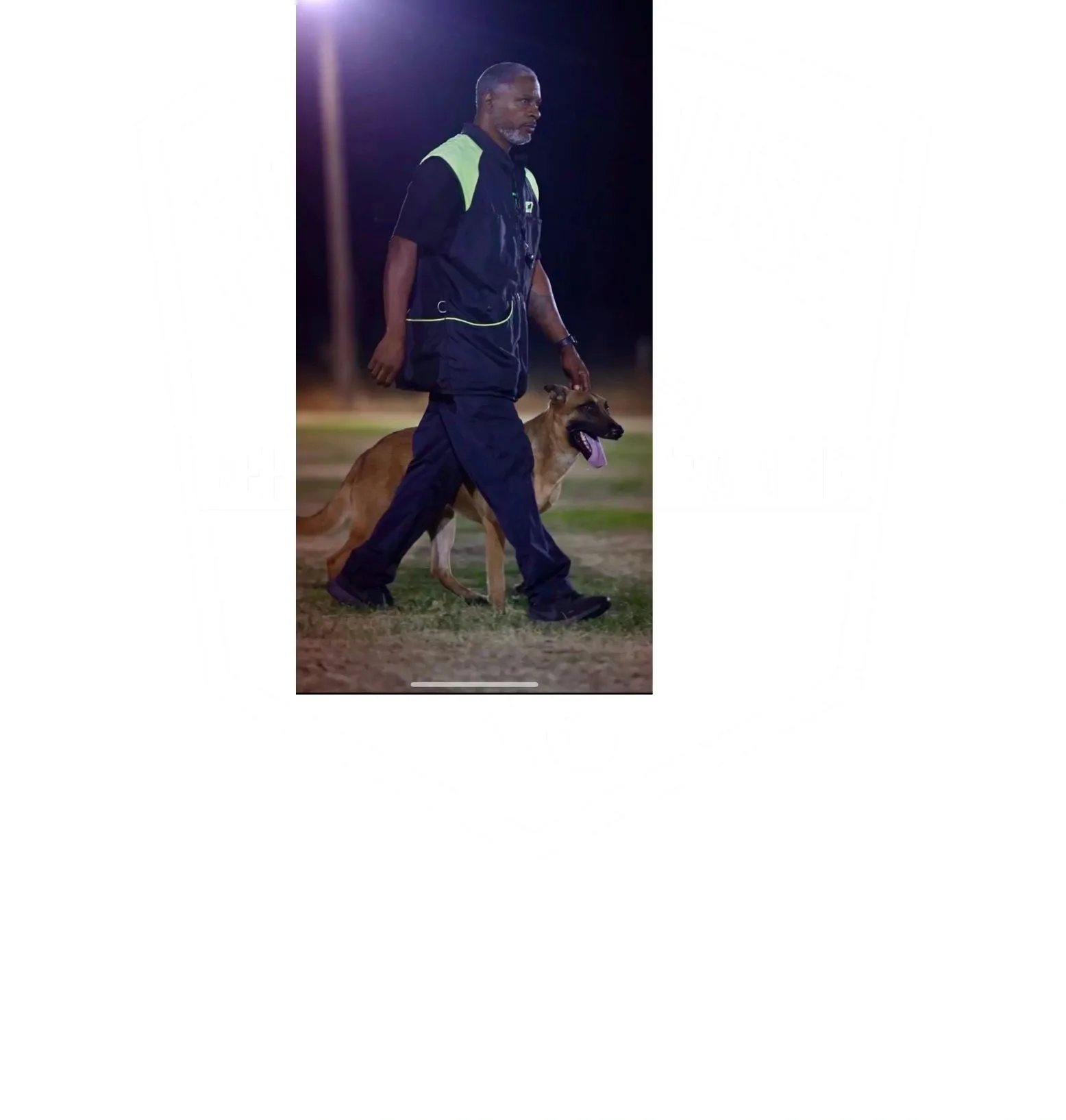 Man walking with a happy dog outdoors at night.